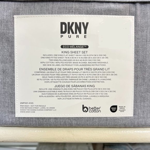 DKNY Pure King Gray Sheets Sheet Set Fitted, Flat, Pillowcases Eco Melange - Picture 3 of 5